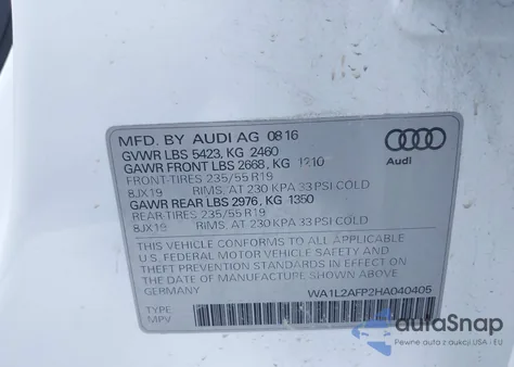 2017 Audi Q5 2.0T Premium z USA, uszkodzony, nr VIN WA1L2AFP2HA040405